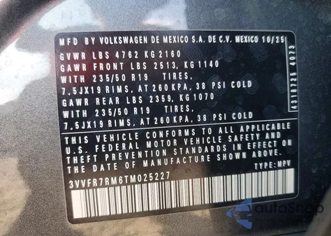 2026 Volkswagen Tiguan Se from USA, damaged, VIN 3VVFR7RM6TM025227